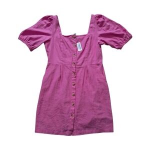 NWT Old Navy‎ Dress Women's Medium Pink Mini Linen Blend Puff Sleeve Smocked